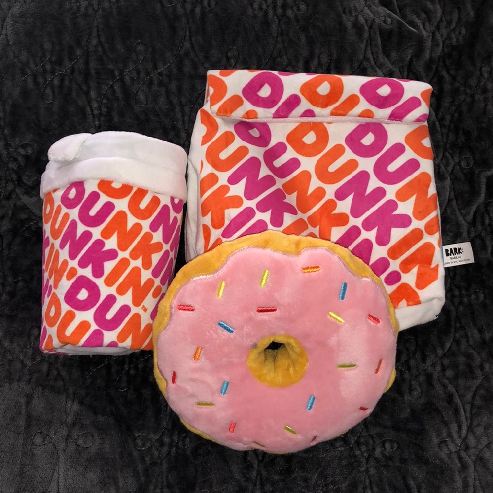 BARK Limited Edition Dunkin’ donut/bag + coffee dog toy